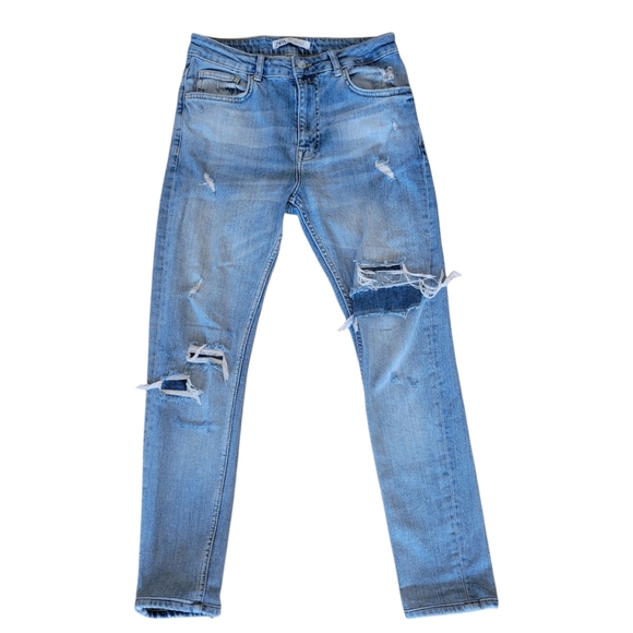 Zara Blue Destressed Staight Leg Denim Jeans Size 30 - Picture 1 of 4